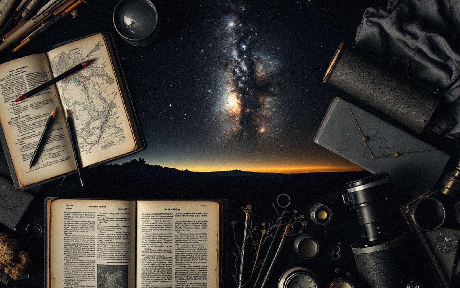 Open books, maps and a telescope lens surround a glowing view of the Milky Way